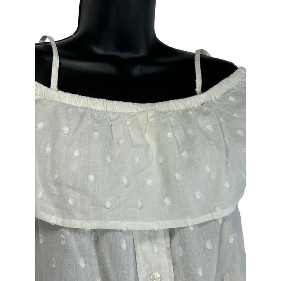 VOLCOM Winding Roads Cami Crop Tank Top Sz L White Polka Dot Off Shoulder Ruffle - Picture 7 of 16